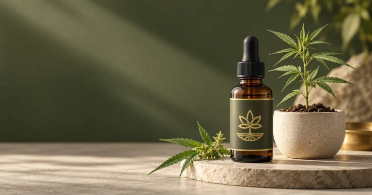 Φιάλη ελαίου CBD δίπλα σε νεαρό φυτό κάνναβης σε γλάστρα — τι είναι το CBD